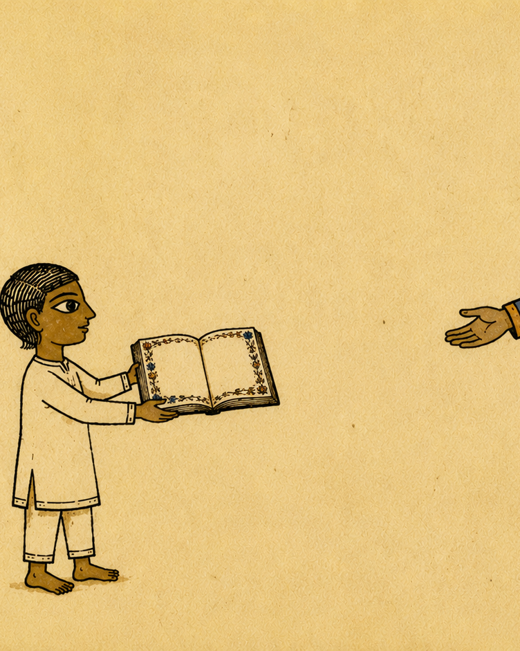 A small child holds out an open book toward a taller adult whose hand is open to receive it. Both figures in the Mithila tradition, on cream paper.